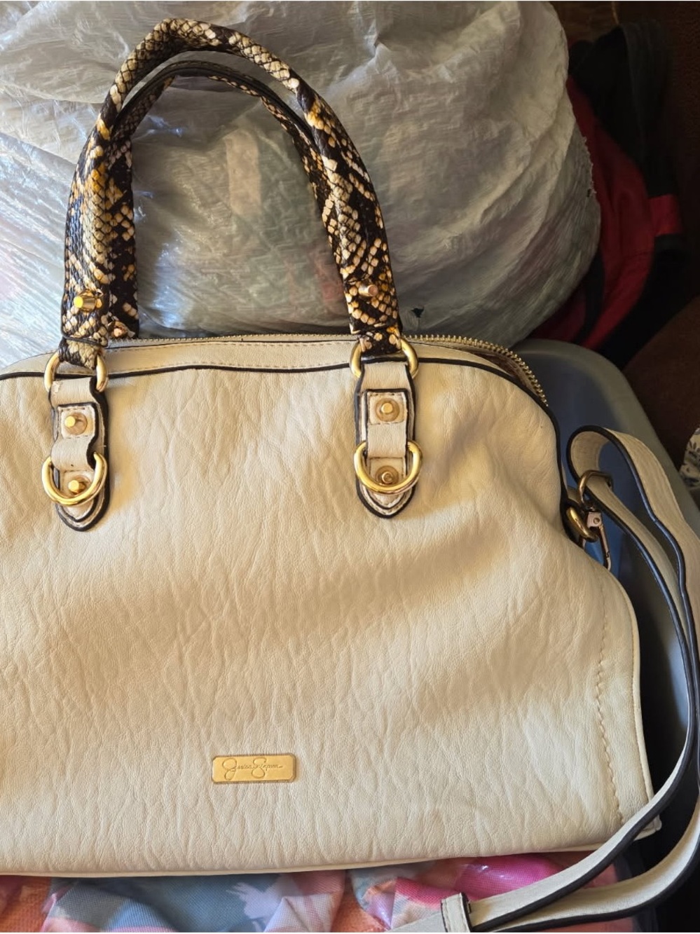 Jessica Simpson Cream Satchel with Snake-Print Handles and Gold Hardware